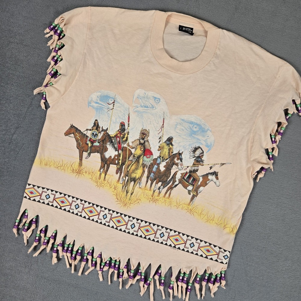 Vintage Habitat T Shirt Adult Large 90s Native American‎ Graphic Poncho Beaded